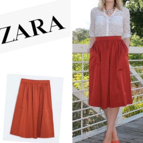 ZARA MIDI SKIRT WITH POCKETS ORANGE SIZE SMALL - Picture 4 of 7